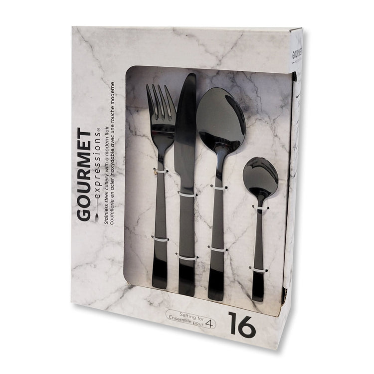 Safdie & Co - Ensemble de Couverts/Coutellerie en Acier Inoxydable, 16 Morceaux, Vont au Lave-Vaiselle, Noir Onyx - Simple Boutique