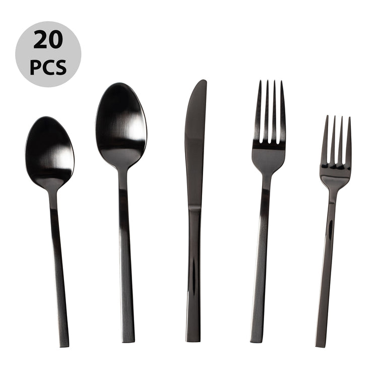 Safdie & Co - Ensemble de Couverts/Coutellerie en Acier Inoxydable, 20 Morceaux, Vont au Lave-Vaiselle, Effet Miroir Noir - Simple Boutique