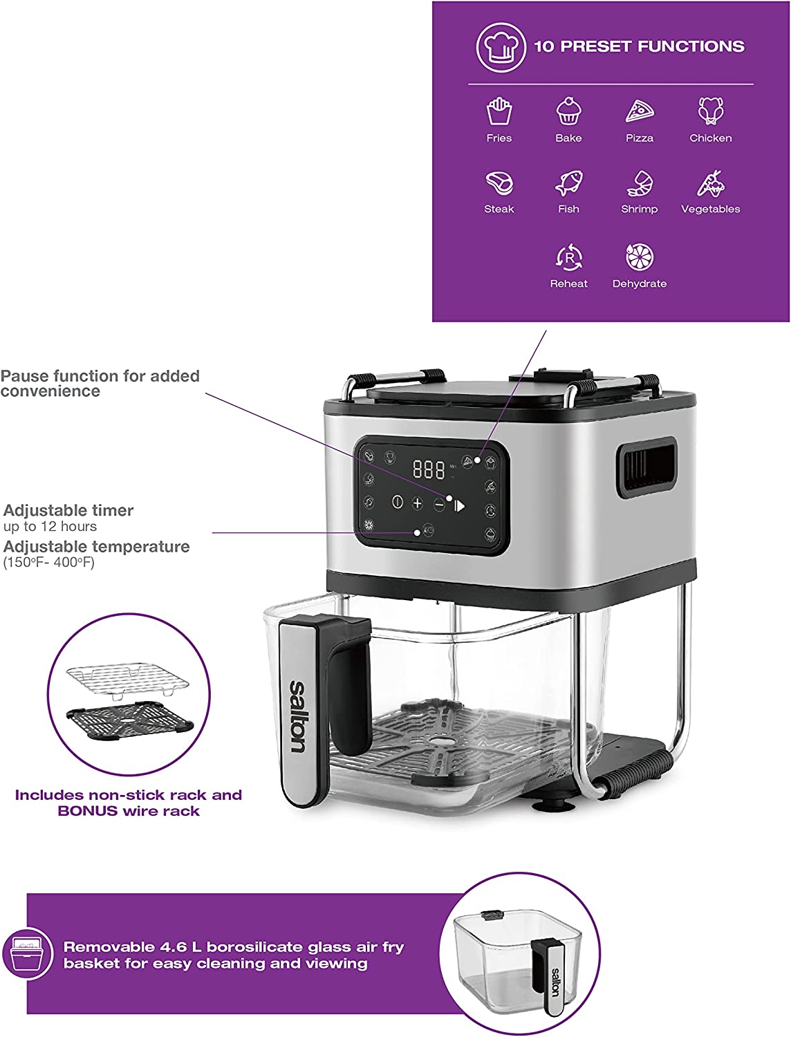 Salton AF2090 Friteuse à Air, Capacité de 4.6L, 10 Fonctions Préprogrammées, Panier en Verre, Noir - Simple Boutique
