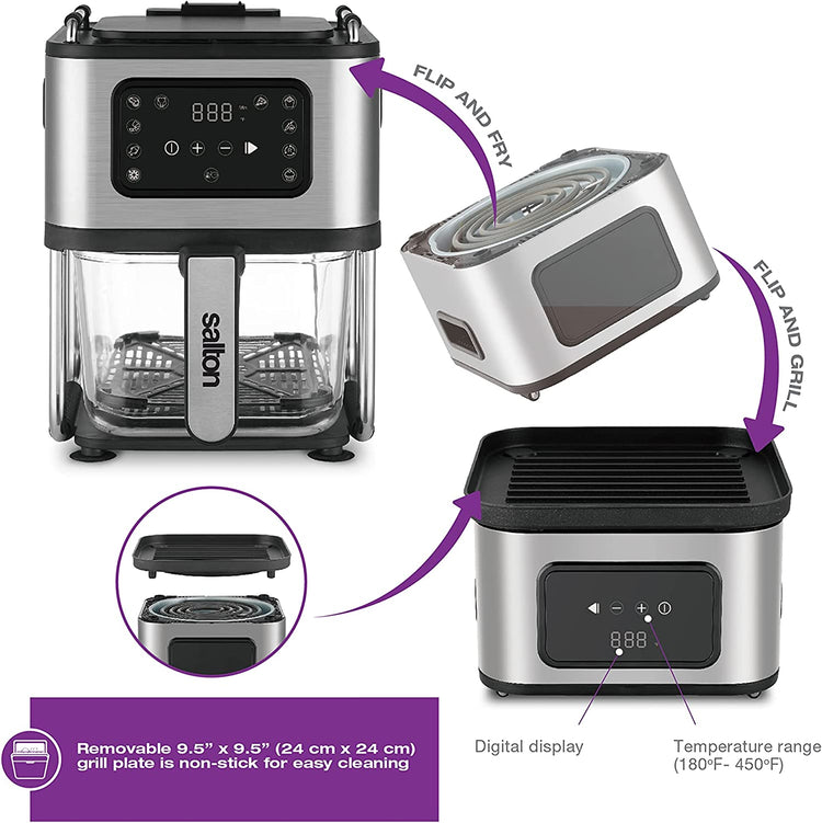 Salton AF2090 Friteuse à Air, Capacité de 4.6L, 10 Fonctions Préprogrammées, Panier en Verre, Noir - Simple Boutique