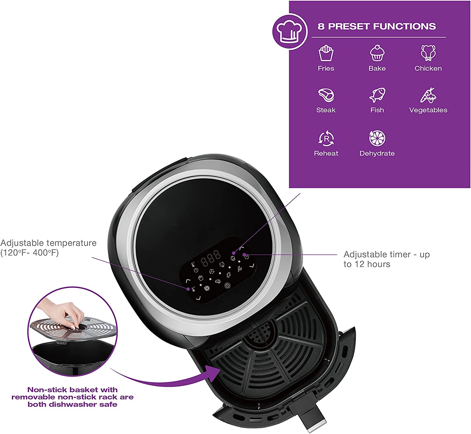 Salton AF2103 Friteuse à Air XXL, Capacité de 8L, 8 Fonctions Préprogrammées, Affichage Digital, 1700 Watts, Noir - Simple Boutique