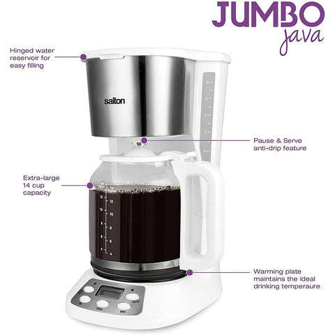 Salton - Cafetière Programmable Jumbo Java, Capacité de 14 Tasses, 1000W, Blanc