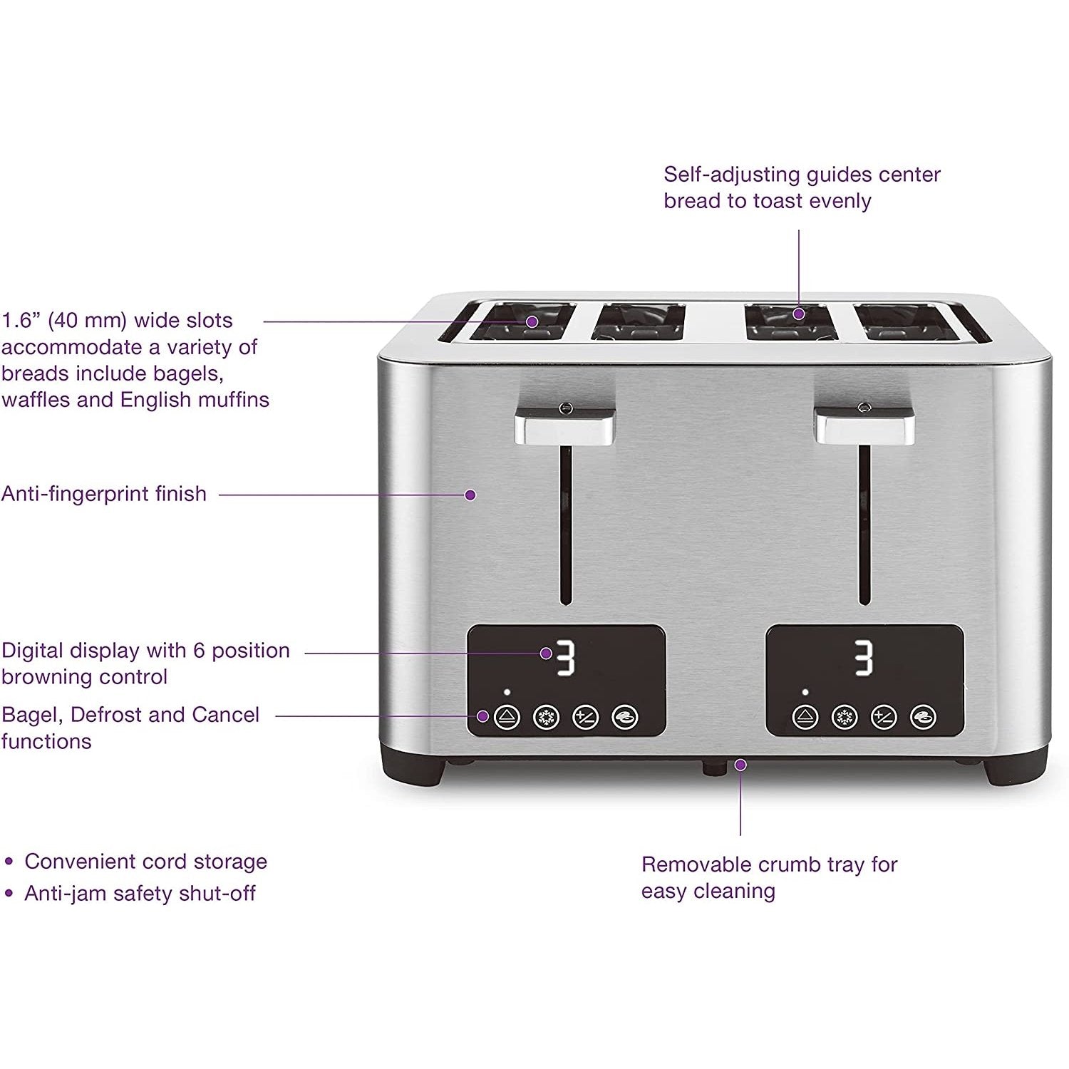Salton ET2084 Grille-Pain à 4 Tranches Extra-Large, 6 Niveaux de Brunissage, 1500 Watts, Acier Inoxydable - Simple Boutique