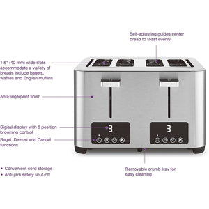 Salton ET2084 Grille-Pain à 4 Tranches Extra-Large, 6 Niveaux de Brunissage, 1500 Watts, Acier Inoxydable - Simple Boutique