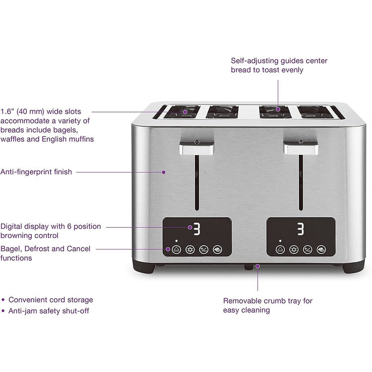 Salton ET2084 Grille-Pain à 4 Tranches Extra-Large, 6 Niveaux de Brunissage, 1500 Watts, Acier Inoxydable - Simple Boutique