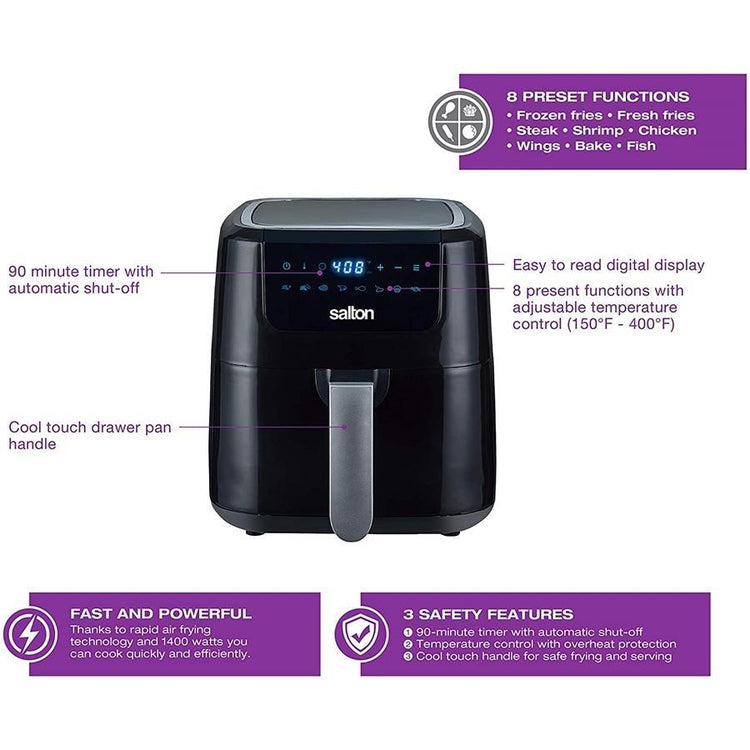 Salton - Friteuse Numérique à Air XL, Capacité de 5L, 1400W, avec 8 Fonctions Préprogrammées, Noir - Simple Boutique
