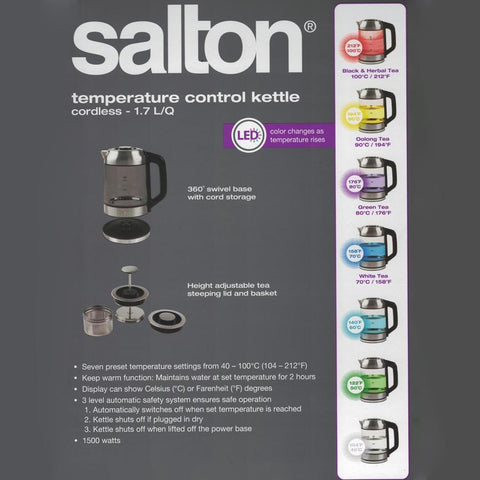 Salton GK1758 Bouilloire Électrique Sans Cordon 1.7 Litres Illuminée LED Changeant Selon la Température et Infuseur à Thé