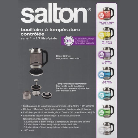 Salton GK1758 Bouilloire Électrique Sans Cordon 1.7 Litres Illuminée LED Changeant Selon la Température et Infuseur à Thé