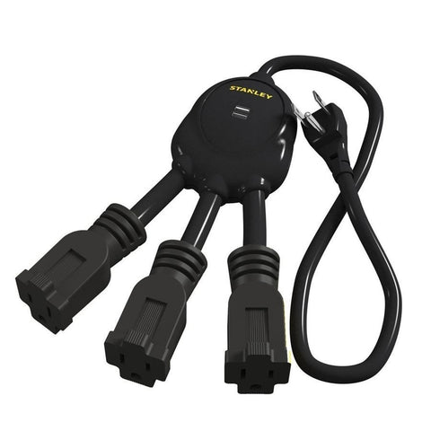 Stanley 31495 Multiprises avec 2 Ports de Chargement USB Noir