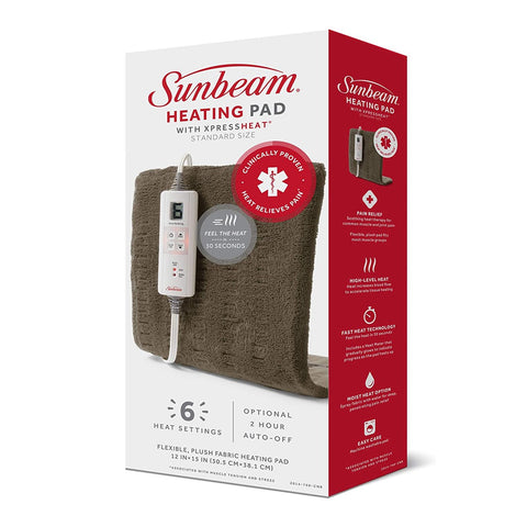 Sunbeam - Coussin Chauffant Xpress Heat 12''x15''  avec Arrêt Automatique, Brun