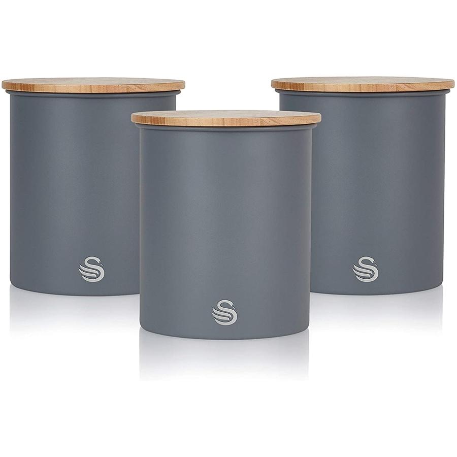 Swan - Ensemble de 3 Boites de Rangement de la Collection Nordique avec Couvercle en Bambou, Capacité de 1.84L, Gris Mat - Simple Boutique