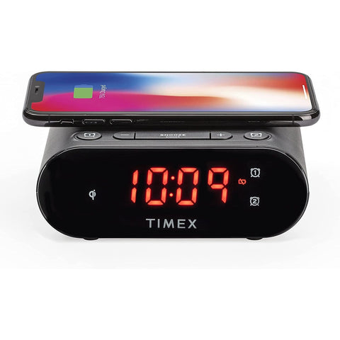 Timex - Radio-Réveil à Double Alarme avec Écran LED, Chargement Sans-Fil et Batterie de Secours, Noir