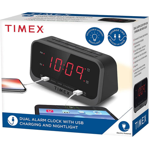 Timex - Radio-Réveil à Double Alarme avec Écran LED, Chargement USB et Veilleuse, Noir