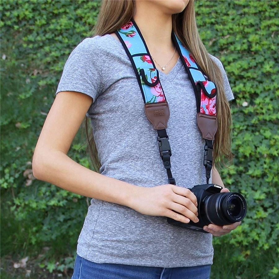 USA GEAR GRCMMS0100FBEW Sangle pour Appareil Photo avec Coussin de Néoprène Régalable Antidérapant Floral Bleu - Simple Boutique