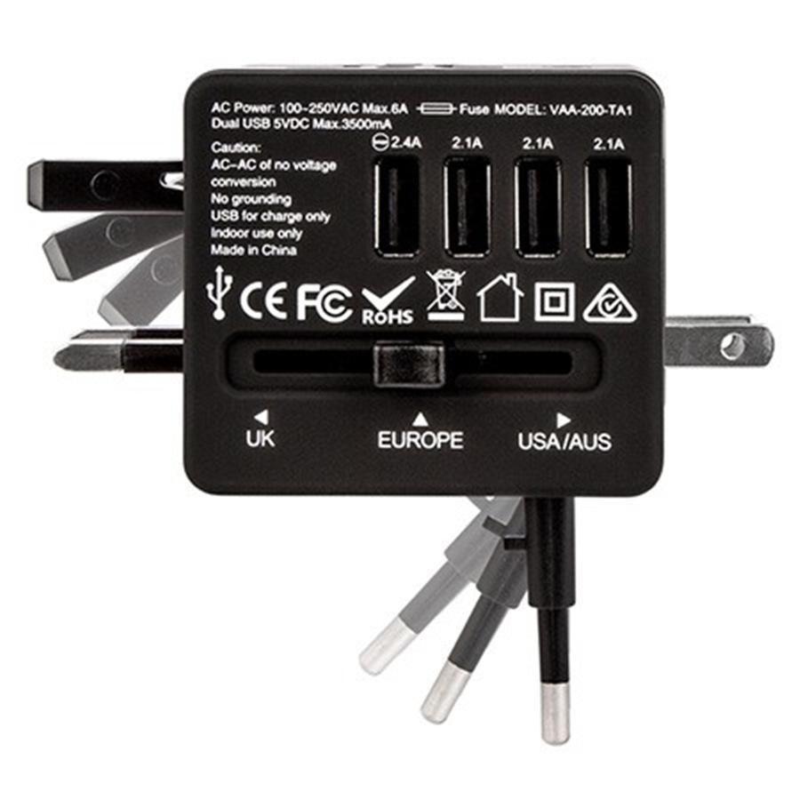 Veho TA-1 - Adaptateur Universel de Voyage Multi-Régions avec 4 Ports USB 5V / 3.5A, Noir - Simple Boutique