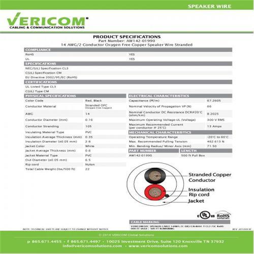 Vericom Câble Haut-Parleur In-Wall CM CL3 OFC Stranded UL 14 AWG En Boite 500Pi Blanc - Simple Boutique