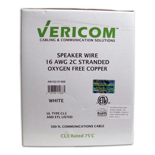 Vericom Câble Haut-Parleur In-Wall CM CL3 OFC Stranded UL 16 AWG En Boite 500Pi Blanc - Simple Boutique