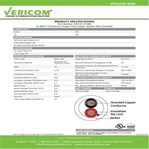 Vericom Câble Haut-Parleur In-Wall CM CL3 OFC Stranded UL 16 AWG En Boite 500Pi Blanc - Simple Boutique