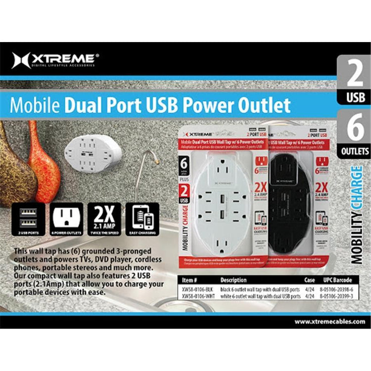 Xtreme - Adaptateur Mural à 6 Prises de Courant avec 2 Ports USB 2.4A, Blanc - Simple Boutique