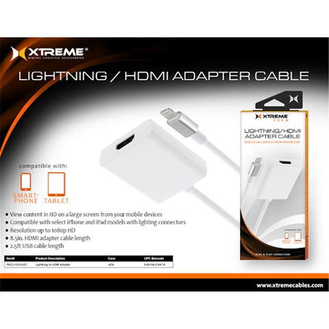 Xtreme PAC2-1023-AST - Adaptateur Lightning à HDMI, 1080p HD, Câble de 8.5'', Blanc