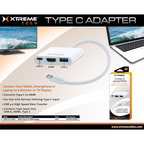 Xtreme XCB2-1012-WHT Adapteur Type-C Multiport , HDMI 4K, USB-A et Type-C, Blanc