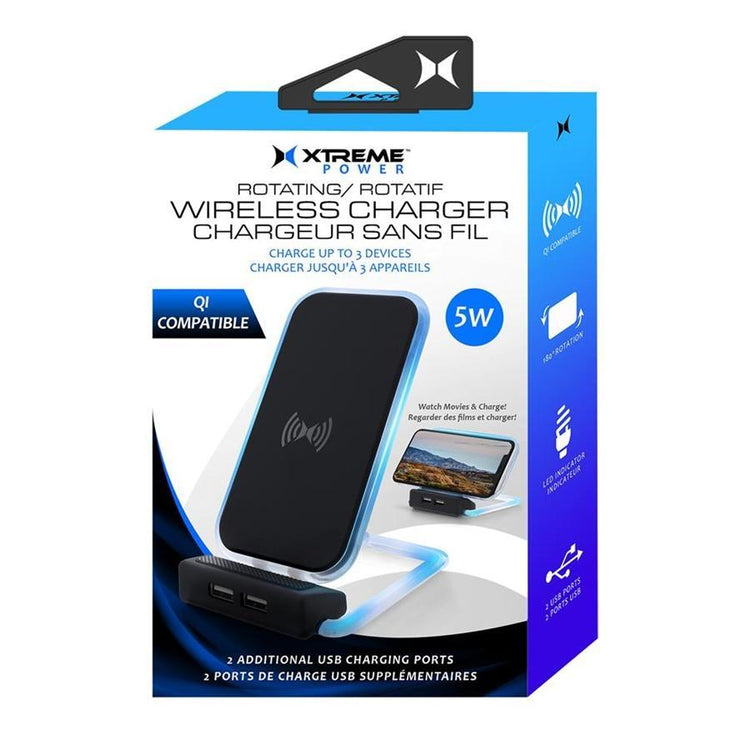 Xtreme XWC8-1011-BLK Chargeur Sans Fil Rotatif + 2 Port de Charge USB, Noir - Simple Boutique