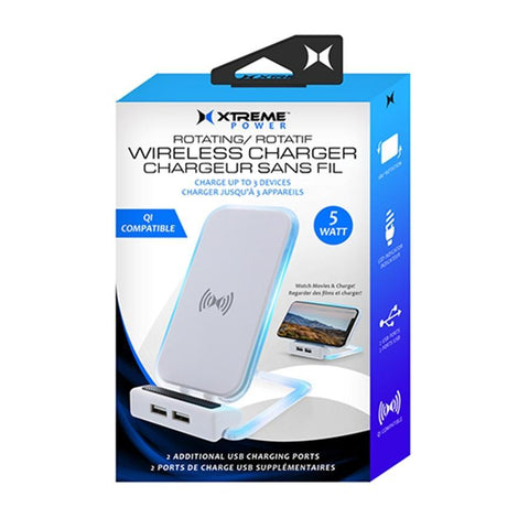 Xtreme XWC8-1011-WHT Chargeur Sans Fil Rotatif + 2 Port de Charge USB, Blanc