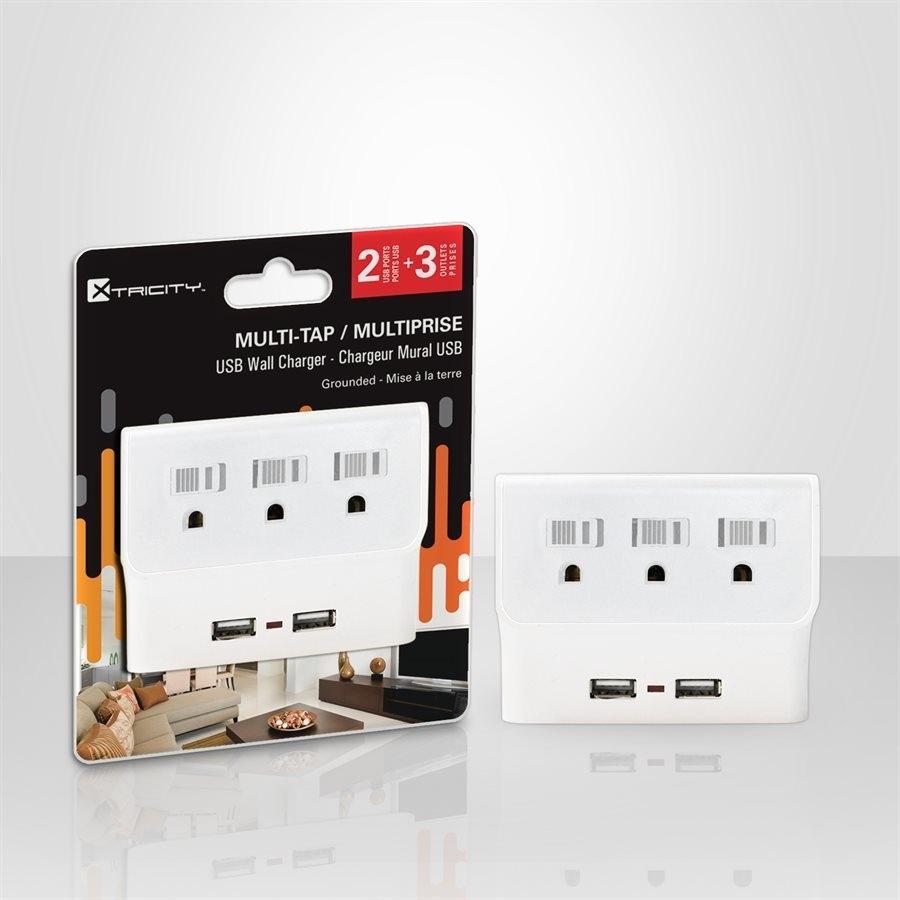 Xtricity 3-70624 Multiprise Murale 3 Prises et 2 USB 2.4A Blanc - Simple Boutique