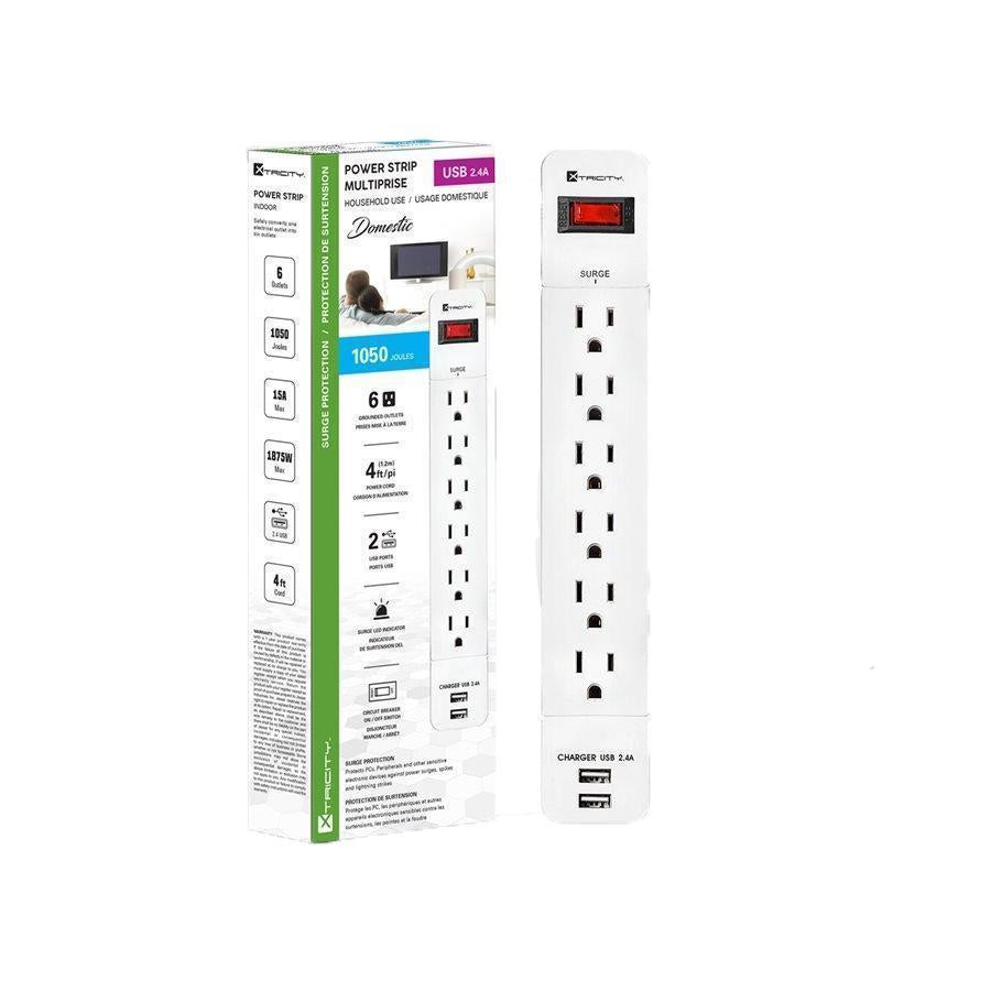 Xtricity 3-70627 Protection de Surtension 6 Prises 1050 Joules EXT 4PI 2 USB Blanc - Simple Boutique
