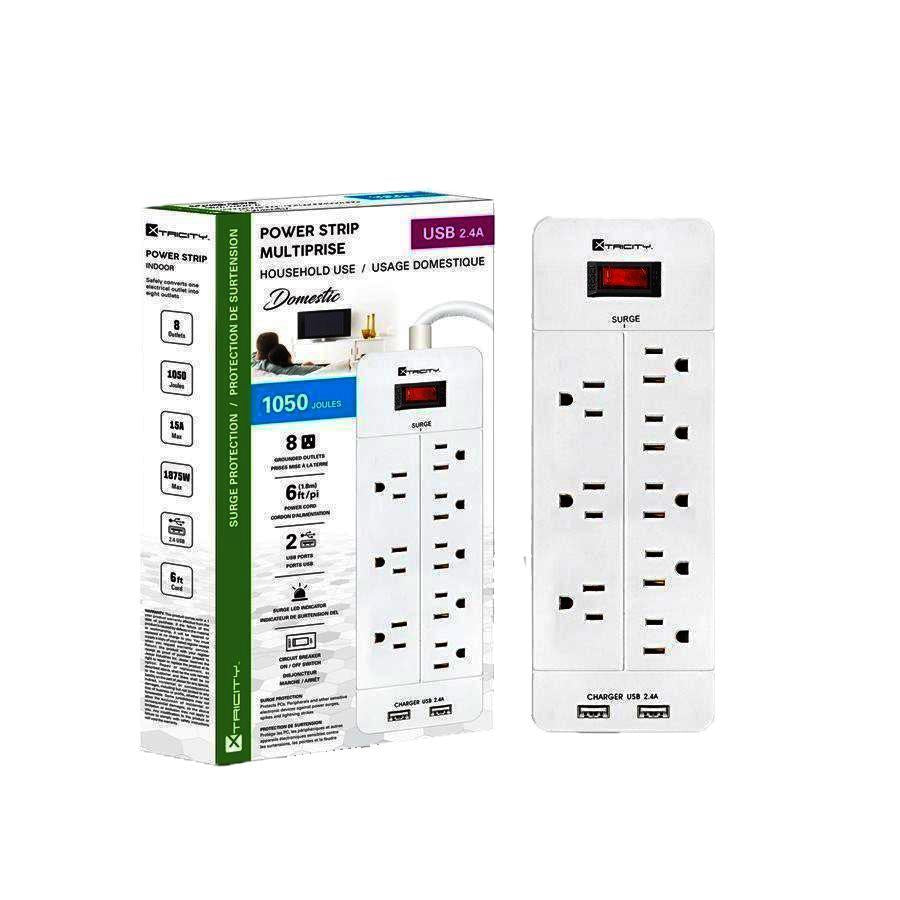 Xtricity 3-70628 Protection de Surtension 8 Prises 1050 Joules EXT 6PI 2 USB Blanc - Simple Boutique