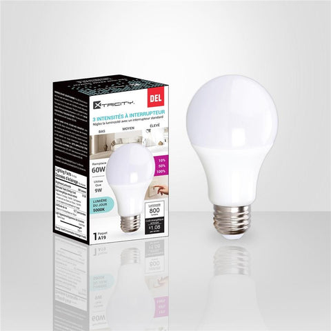 Xtricity - Ampoule DEL 3 Intensités à Intérupteur, 9W, Culot E26, 5000K Lumière du Jour
