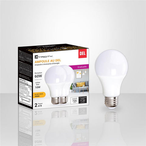 Xtricity - Ensemble de 2 Ampoules DEL Gradable à économie d'énergie, 10W, Culot E26, 3000K Blanc Doux