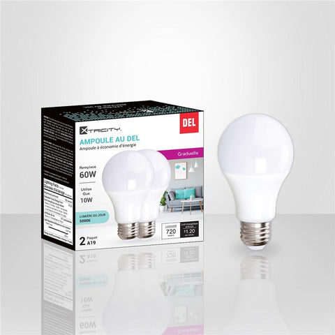 Xtricity - Ensemble de 2 Ampoules DEL Gradable à économie d'énergie, 10W, Culot E26, 5000K Lumière du Jour