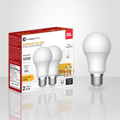 Xtricity - Ensemble de 2 Ampoules DEL à économie d'énergie, 9W, Culot E26, 3000K Blanc Doux