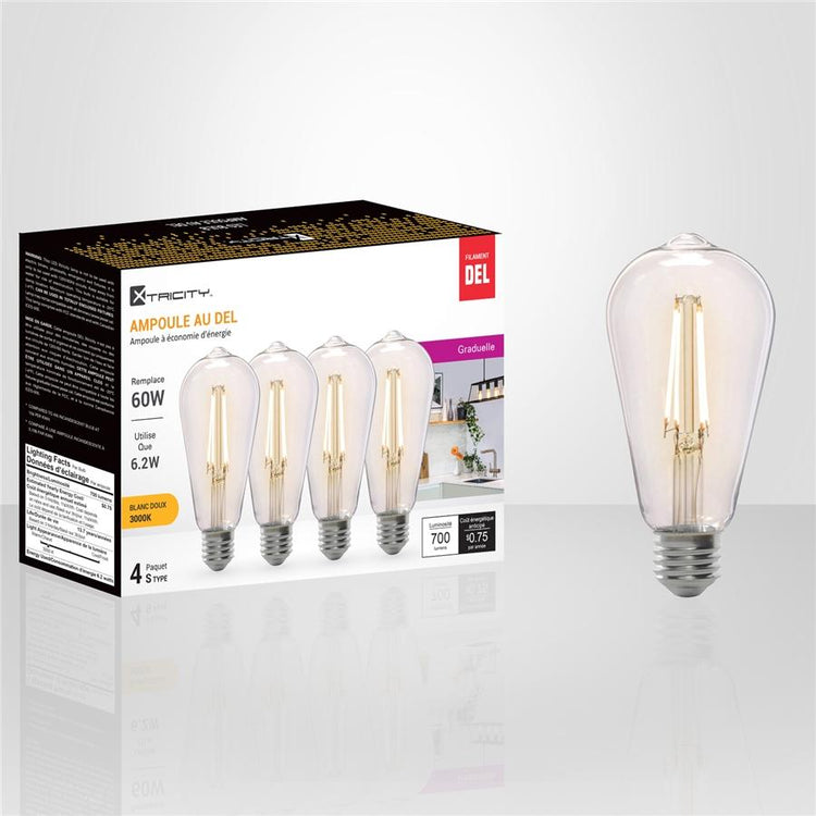 Xtricity - Ensemble de 4 Ampoules DEL Gradables à écoconomie d'énergie, 6.2W, Culot E26, 3000K Blanc Doux - Simple Boutique