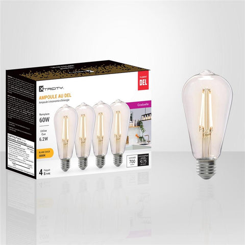 Xtricity - Ensemble de 4 Ampoules DEL Gradables à écoconomie d'énergie, 6.2W, Culot E26, 3000K Blanc Doux