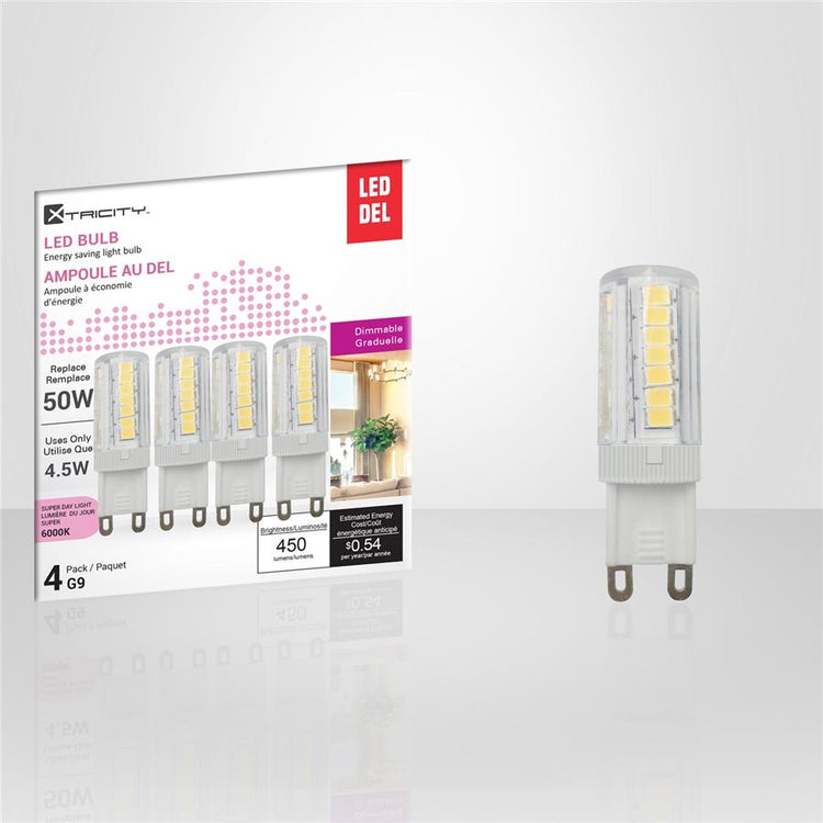 Xtricity - Ensemble de 4 Ampoules DEL Gradables à économie d'énergie, 4.5W, Culot G9, 6000K Lumière du Jour Super - Simple Boutique