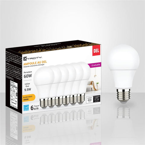 Xtricity - Ensemble de 6 Ampoules DEL Gradable à économie d'énergie, 9.5W, Culot E26, 3000K Blanc Doux
