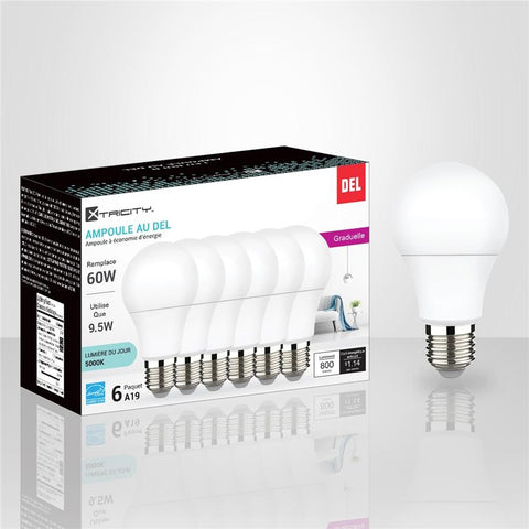 Xtricity - Ensemble de 6 Ampoules DEL Gradable à économie d'énergie, 9.5W, Culot E26, 5000K Lumière du Jour