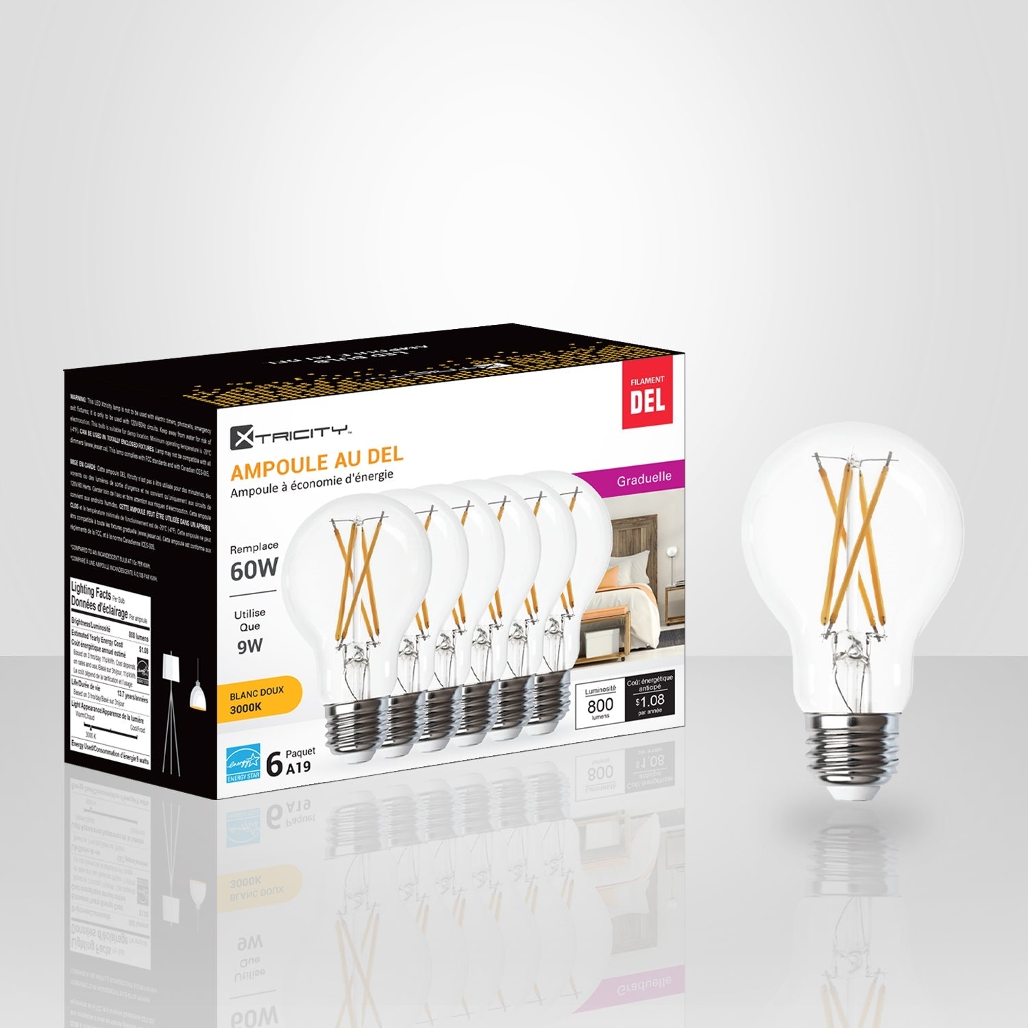 Xtricity - Ensemble de 6 Ampoules DEL à Économie d'énergie, Gradable, 9W, Type A, 3000K Blanc Doux - Simple Boutique