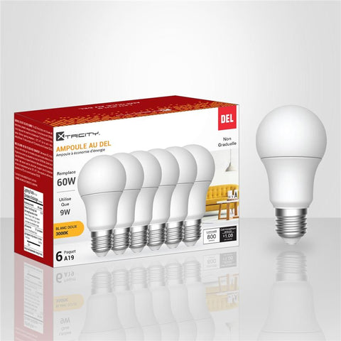 Xtricity - Ensemble de 6 Ampoules DEL à économie d'énergie, 9W, Culot E26, 3000K Blanc Doux