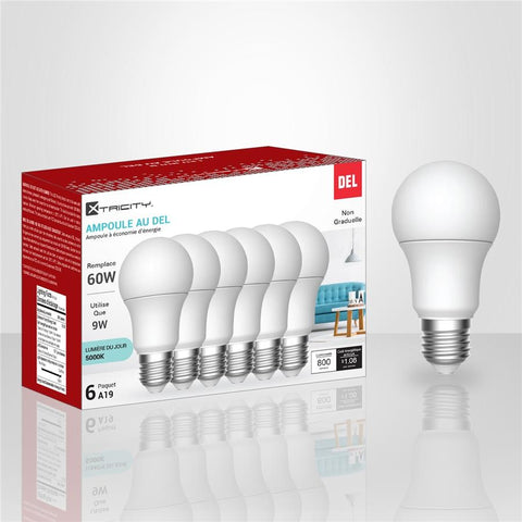 Xtricity - Ensemble de 6 Ampoules DEL à économie d'énergie, 9W, Culot E26, 5000K Lumière du Jour