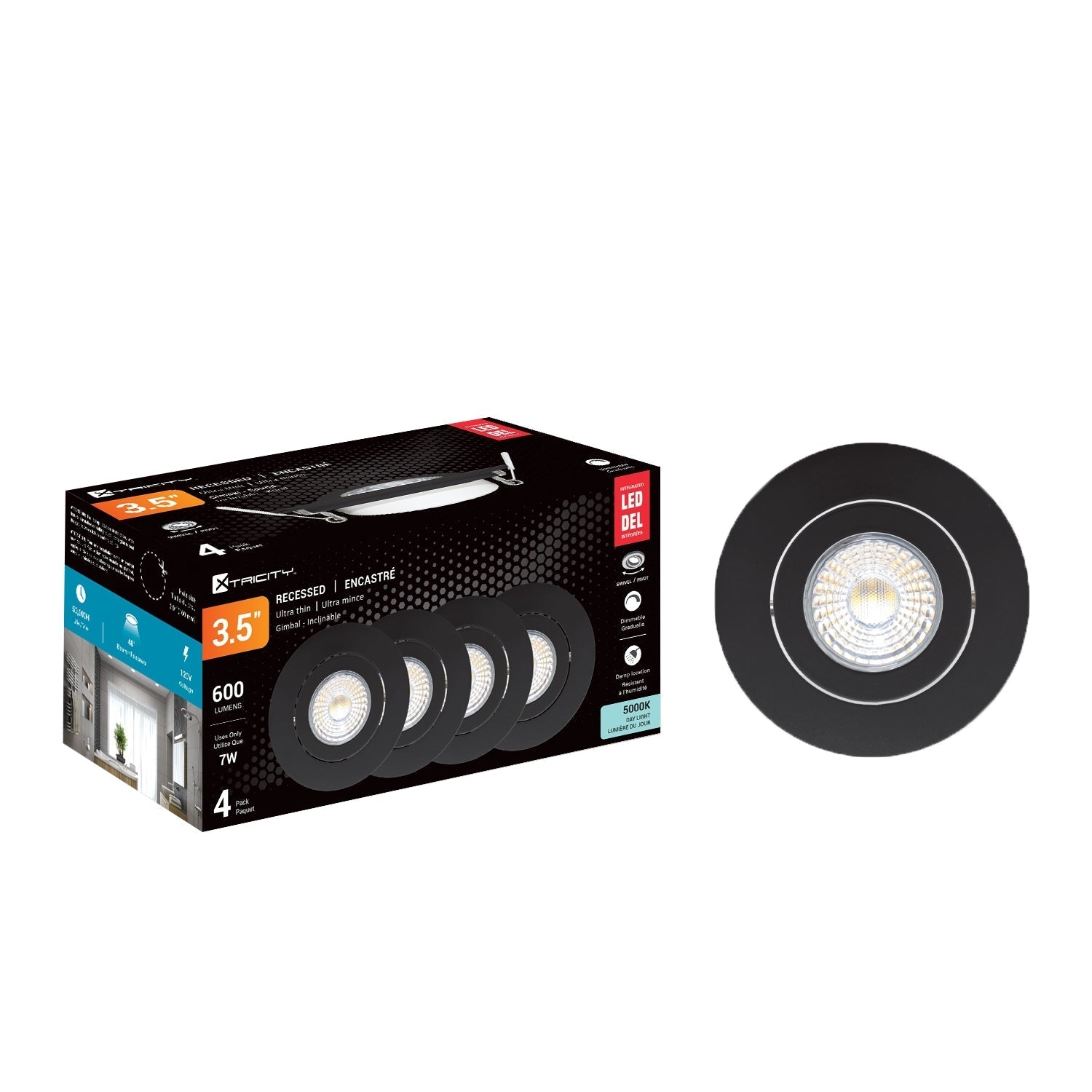 Xtricity - Lumière Encastrée Inclinable DEL, Diamètre de 3.5'', Gradable, 7W, 5000K Lumière du Jour, Paquet de 4 - Simple Boutique