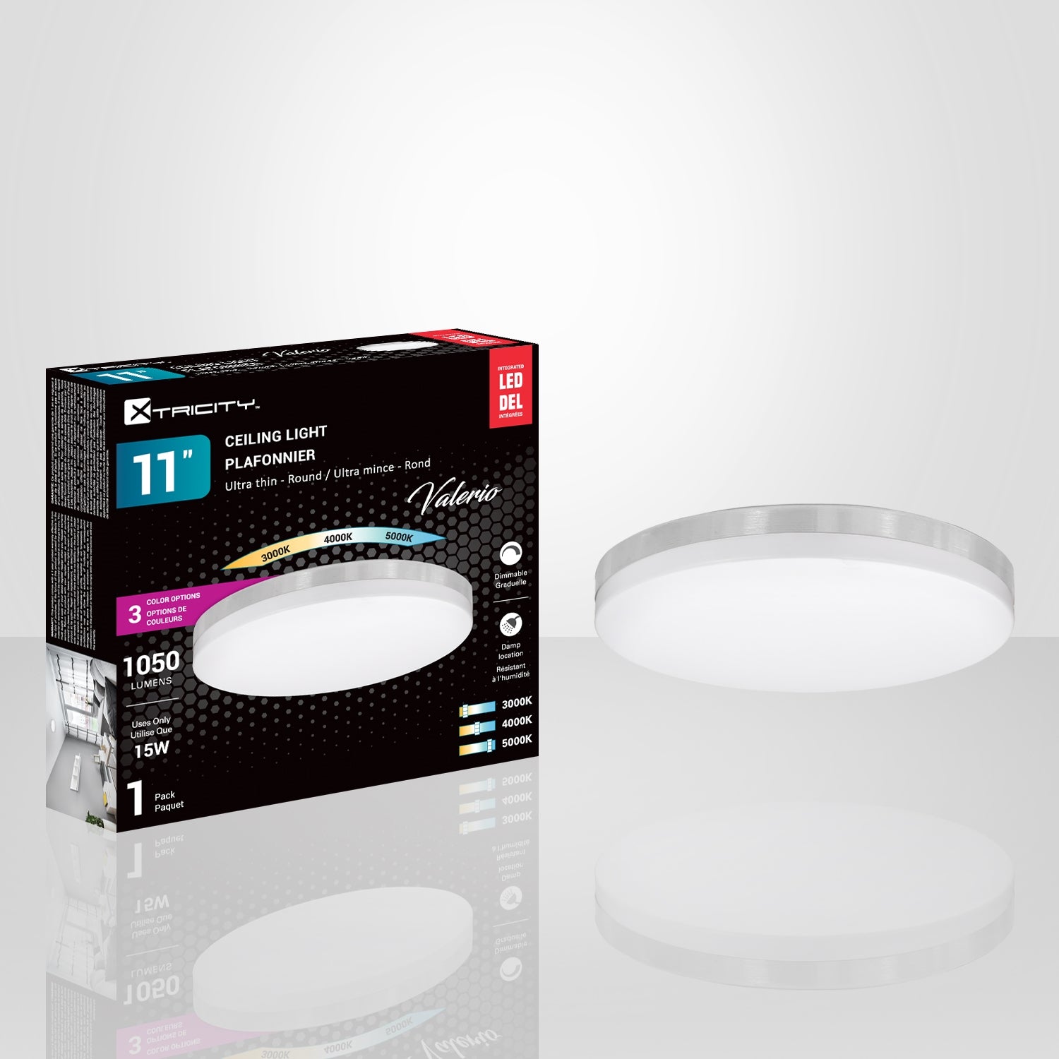 Xtricity - Plafonnier Rond avec DEL Intégrées, Diamètre de 11", 3 Options de Couleurs, De la Collection Valerio, Nickel - Simple Boutique