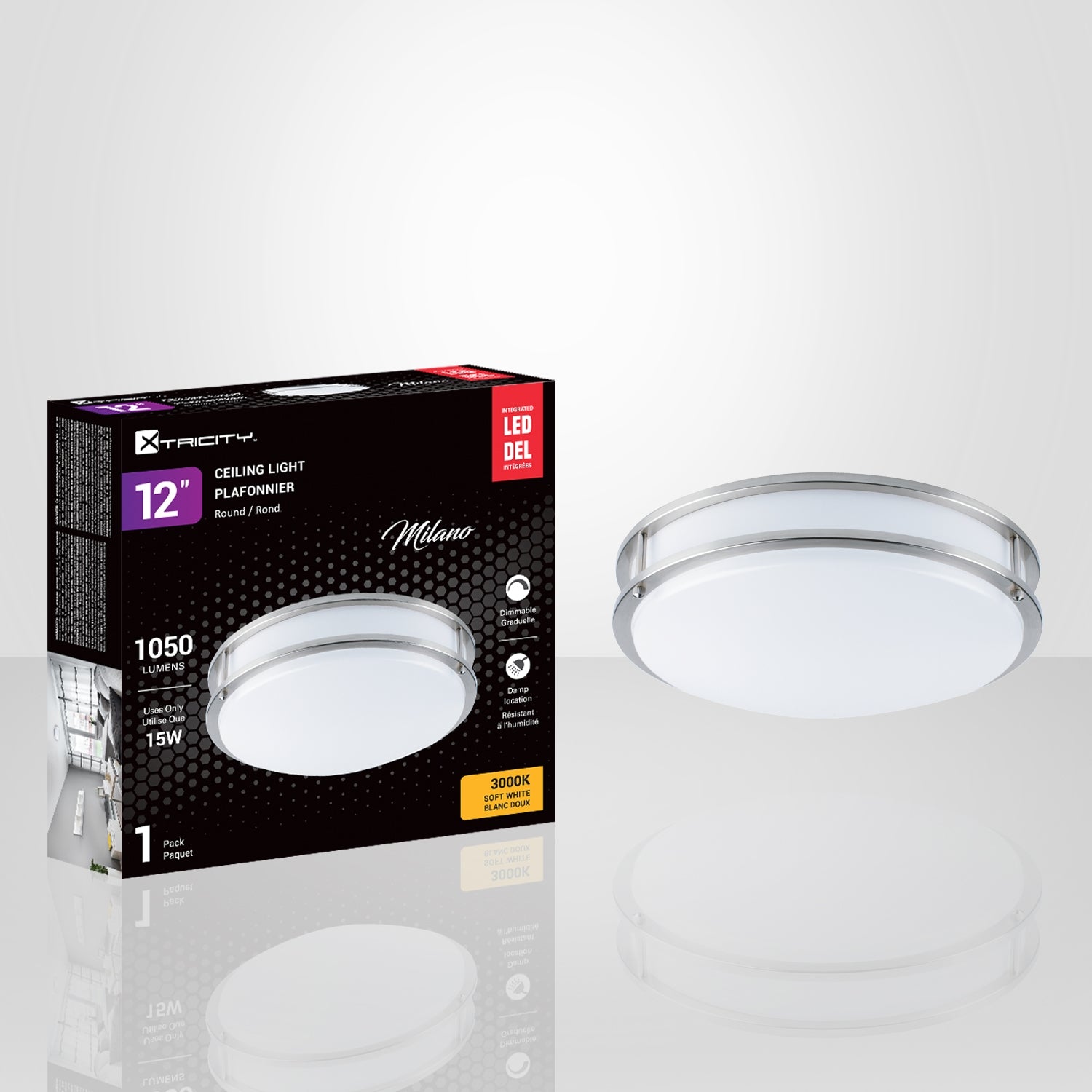 Xtricity - Plafonnier avec DEL Intégrées, Diamètre de 12", De la Collection Milano, Nickel - Simple Boutique