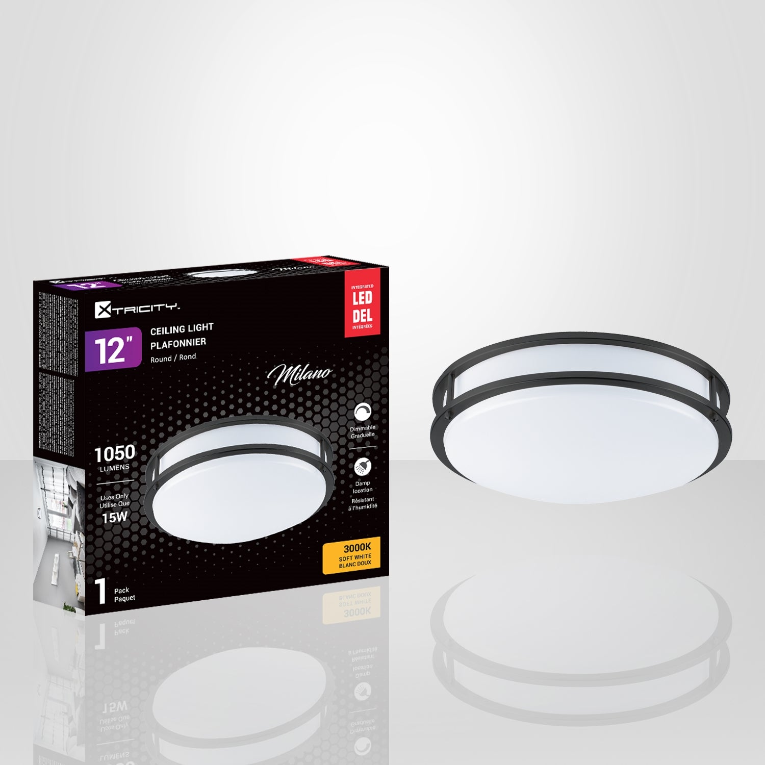 Xtricity - Plafonnier avec DEL Intégrées, Diamètre de 12", De la Collection Milano, Noir - Simple Boutique