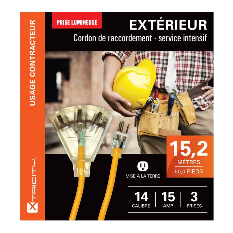 Xtricity - Rallonge Électrique Lumineuse à 3 Prises avec Mise à la Terre, Longeur de 15.2 Mètres, Pour Usage Extérieur, Jaune - Simple Boutique