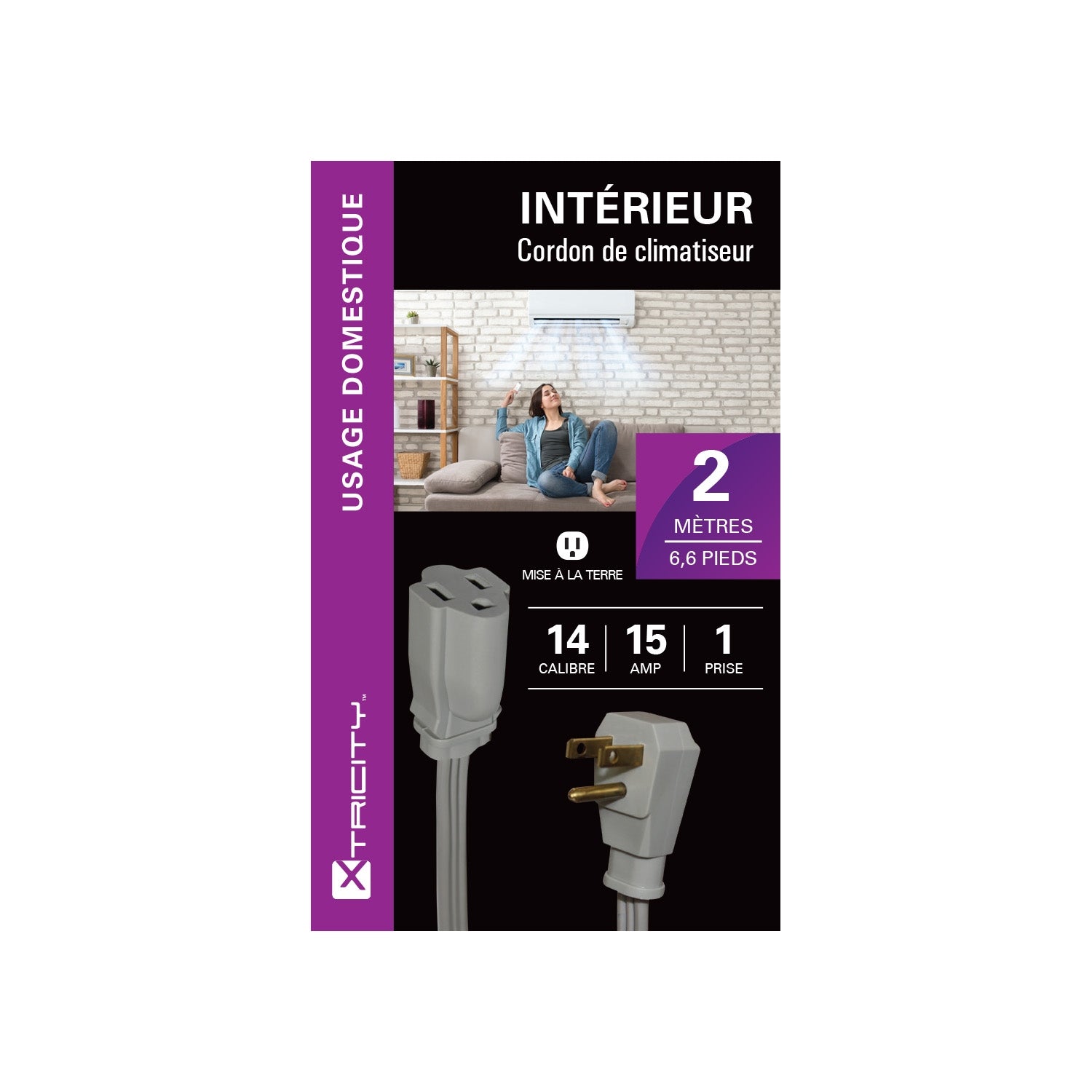 Xtricity - Rallonge Électrique à 1 Prise avec Mise à la Terre, Longeur de 2 Mètres, Pour Usage Intérieur, Gris - Simple Boutique