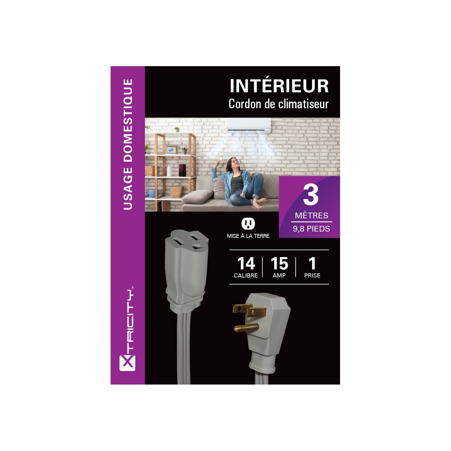 Xtricity - Rallonge Électrique à 1 Prise avec Mise à la Terre, Longeur de 3 Mètres, Pour Usage Intérieur, Gris - Simple Boutique