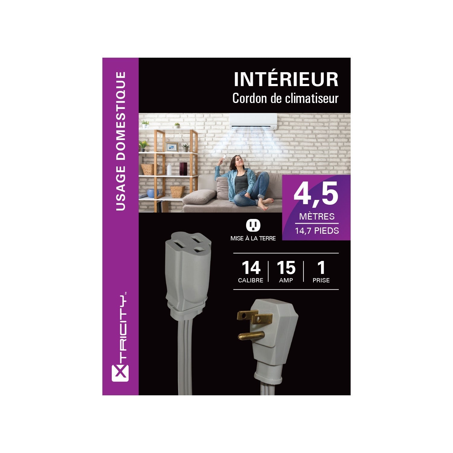 Xtricity - Rallonge Électrique à 1 Prise avec Mise à la Terre, Longeur de 4.5 Mètres, Pour Usage Intérieur, Gris - Simple Boutique